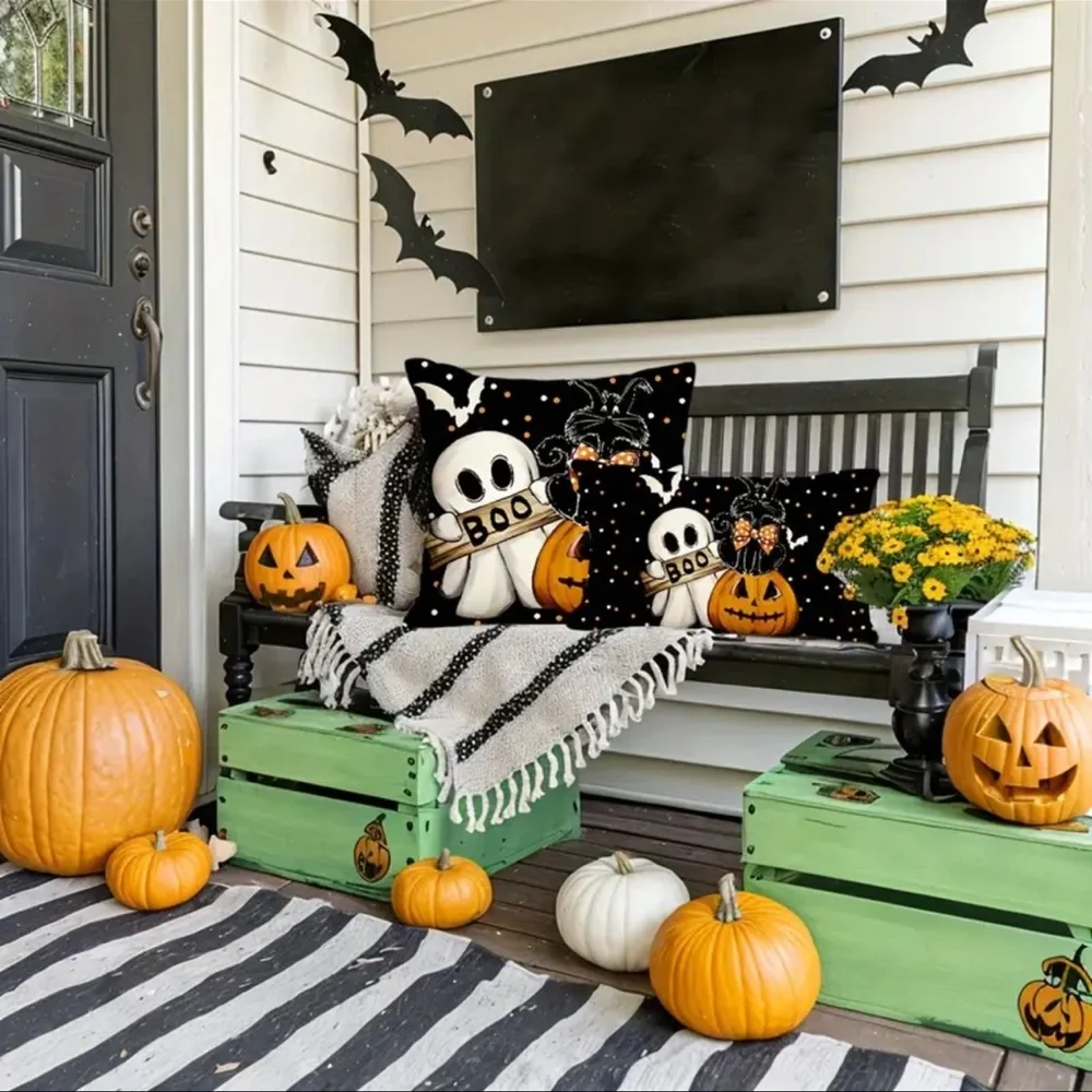 Pillow Cover, SQUARE, NIP, “Boo” Ghost & Pumpkin Design, Decor